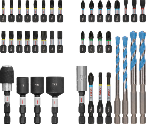 Juego mixto Bosch PRO Impact de 40 piezas con brocas y taladros codificados por colores.