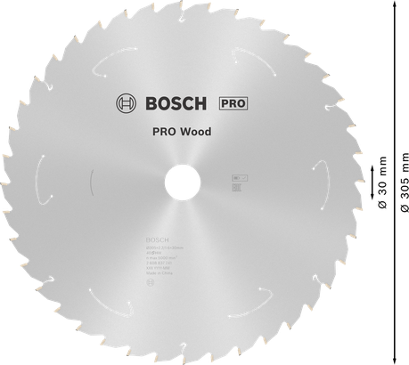 Hoja de sierra circular Bosch PRO Wood 305 mm T40 para sierras inalámbricas.