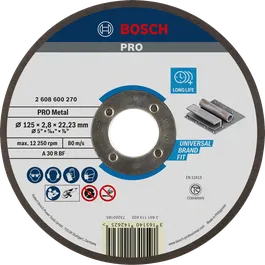 Disco de corte de metal Bosch PRO de 125 mm para una larga vida útil.
