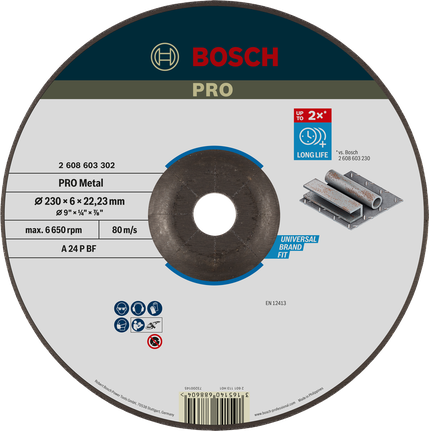 Disco de desbaste para metal Bosch PRO 230 x 6 mm de larga duración.
