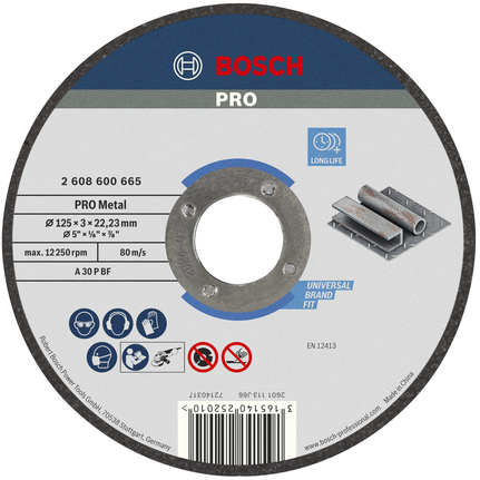 Disco de corte para metal Bosch PRO de 125 mm para trabajar el metal.