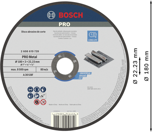 Disco de corte de metal Bosch PRO 180 x 3 x 22,23 mm.