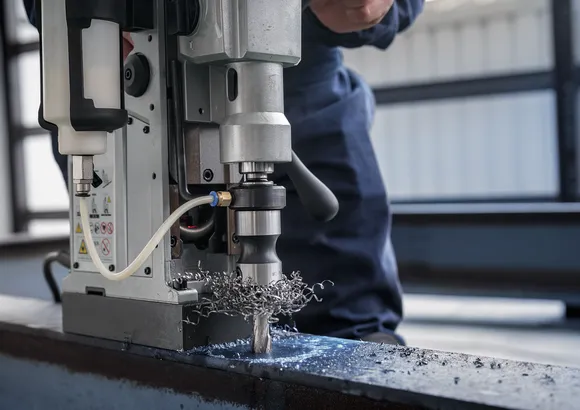 Una persona que usa equipo de seguridad perfora un agujero en una viga de metal.