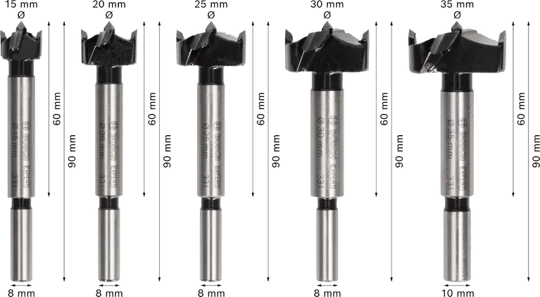 Juego de brocas para cortar bisagras de madera laminada Bosch EXPERT, 5 tamaños.