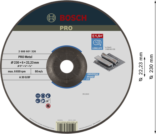 Disco de desbaste de metal Bosch PRO 230 x 6 x 22,23 mm.