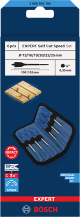 Juego de brocas de pala de corte rápido Bosch EXPERT Self Cut, 6 piezas.