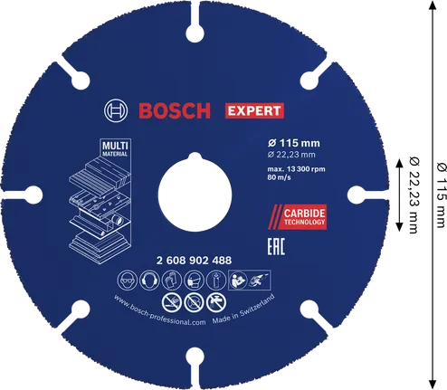 Disco de corte de carburo multimaterial Bosch EXPERT de 115 mm.