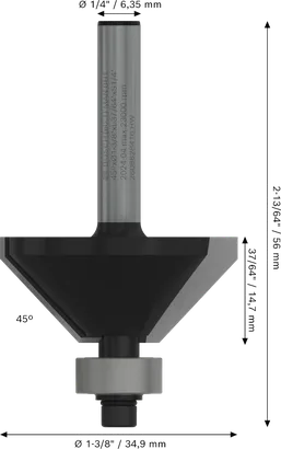 Broca para enrutador Bosch PRO, chaflán de 45 grados, vástago de 1/4 de pulgada.