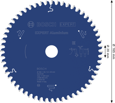Hoja de sierra circular de aluminio Bosch EXPERT, 165 mm 56T.