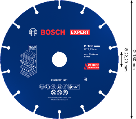 Disco de corte de carburo multimaterial Bosch EXPERT 180 mm.