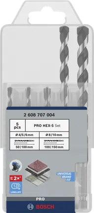 Juego de brocas Bosch PRO HEX-5 de 4 a 10 mm para diversos materiales.