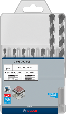 Juego de 7 brocas Bosch PRO HEX-5 para mampostería y azulejos.