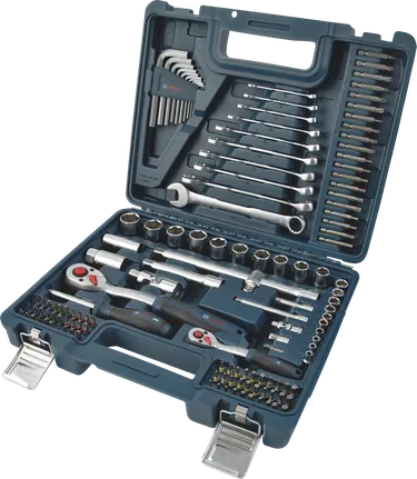 Juego mixto de herramientas manuales Bosch, 134 piezas, en estuche azul.