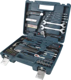 Juego mixto de herramientas manuales Bosch, 89 piezas, en maletín de transporte azul.