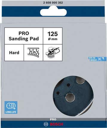 Almohadilla de lijado Bosch PRO dura de 125 mm con perforación de 8 orificios.