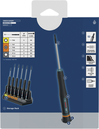 Juego de destornilladores de precisión Bosch PRO TX/TH/H, codificados por colores.