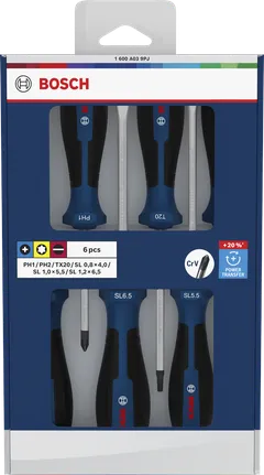 Juego de destornilladores Bosch PH/TX/SL 6 piezas con mangos de cromo vanadio.