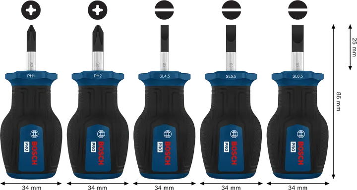 Juego de desatornilladores PRO Stubby PH/SL, 5 piezas