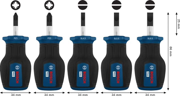 Desatornilladores PRO Stubby PZ/SL, 5 piezas