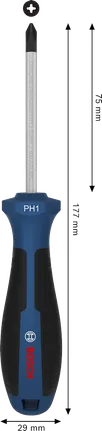 Destornillador Bosch PH1 x 75 mm con mango ergonómico.