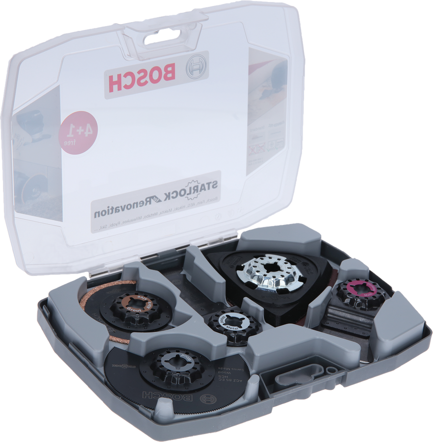 Bosch Starlock Set for Renovation with saw blades and sanding plate.