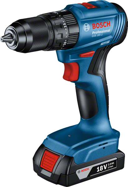 Bosch GSB 185-LI cordless drill, 18V 2.0Ah battery.