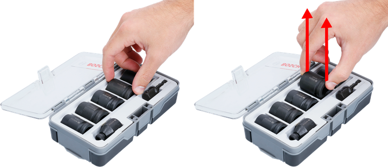 Person lifts socket from a 7-piece socket set in a plastic case.