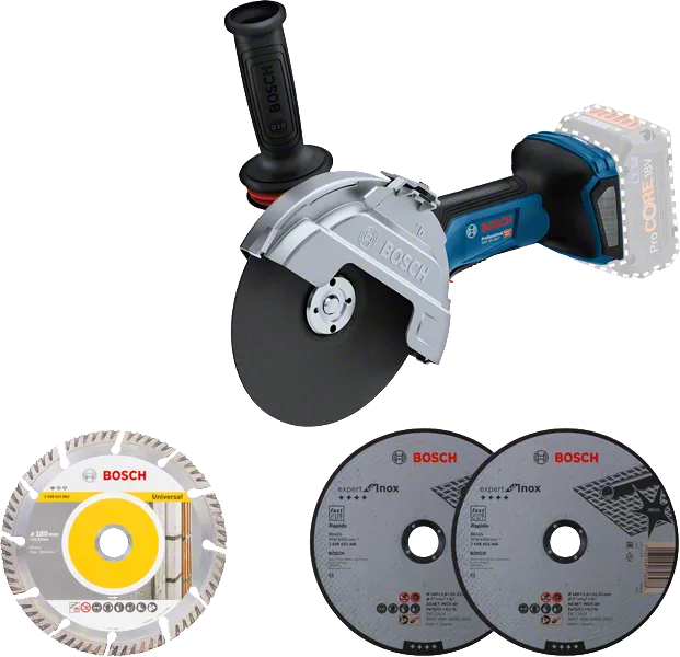 Bosch GWS 18V-180 P angle grinder with three cutting discs.