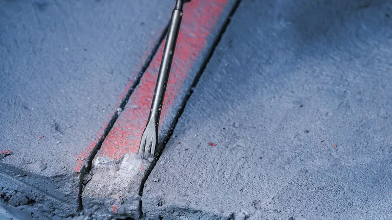 Chisel breaking a groove into a marked concrete surface.