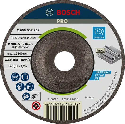 Bosch PRO stainless steel grinding disc 100 x 6 x 16 mm.