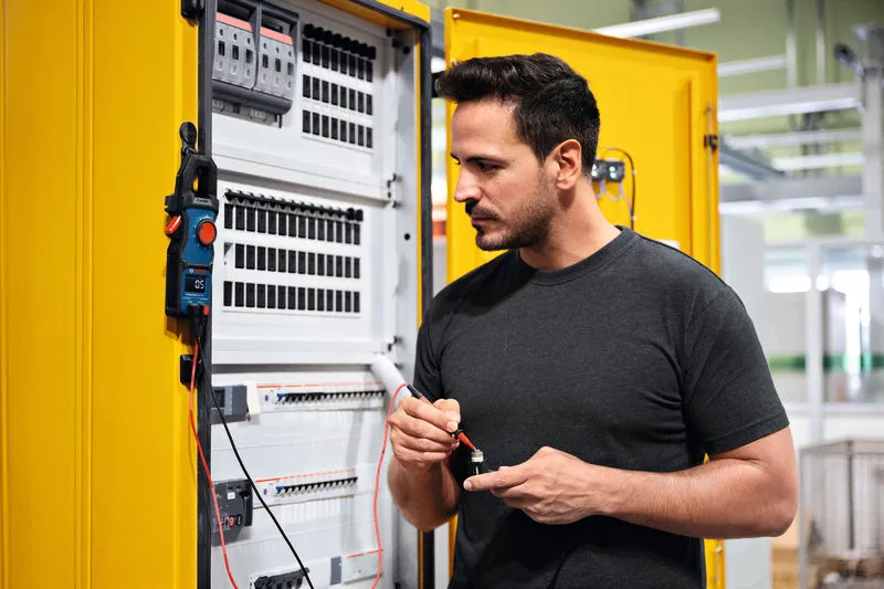 A person tests a component at an open electrical panel with a digital multimeter.