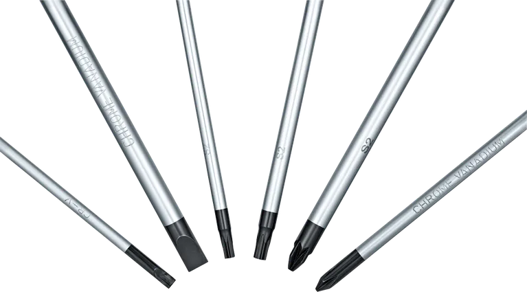 A set of various screwdriver bits arranged in a fan shape.