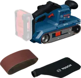 Bosch GBS 18V-75 cordless belt sander with sanding belt and dust bag.
