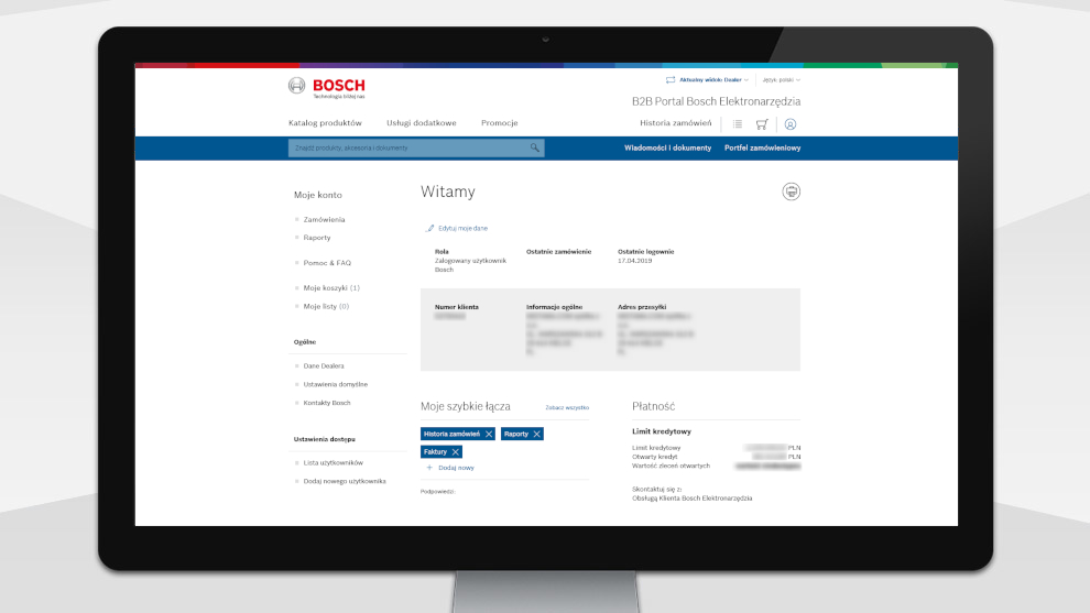 Ekran komputera z portalem Bosch, z menu i opcjami konta użytkownika.