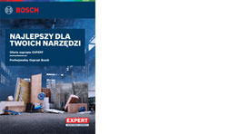 Katalog Bosch Expert na tle warsztatu, narzędzia w użyciu, ciemne kolory.