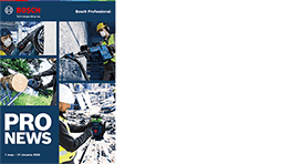 Okładka magazynu Bosch Professional z logo, zdjęciami narzędzi i pracowników w akcji.
