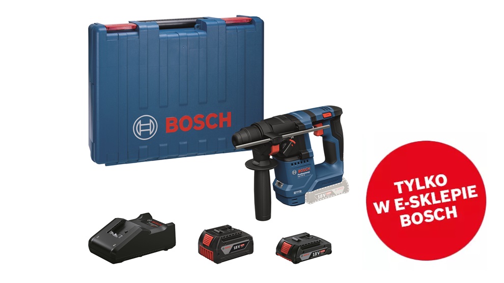 Niebieski wiertarko-wkrętarka Bosch Professional z akumulatorami i ładowarką.