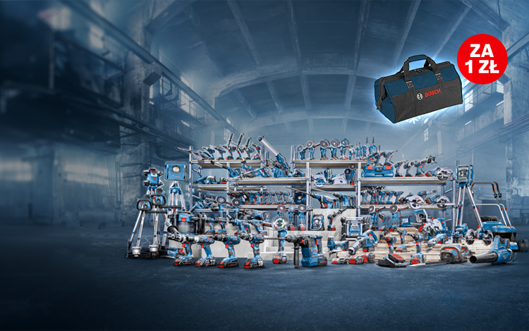 Niebieskie narzędzia Bosch Professional na półkach w przemysłowym wnętrzu.