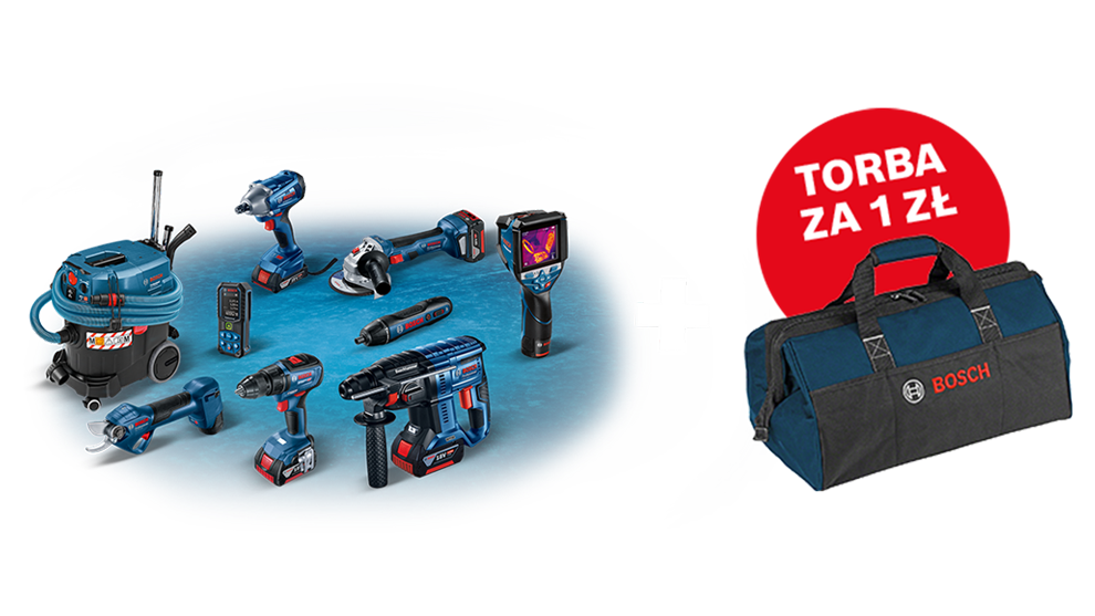 Zestaw narzędzi Bosch Professional na niebieskim tle, torebka z logo obok.
