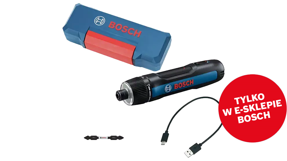 Czarna wkrętarka Bosch z niebieskim akcentem i kablem USB obok niebieskiego pudełka.