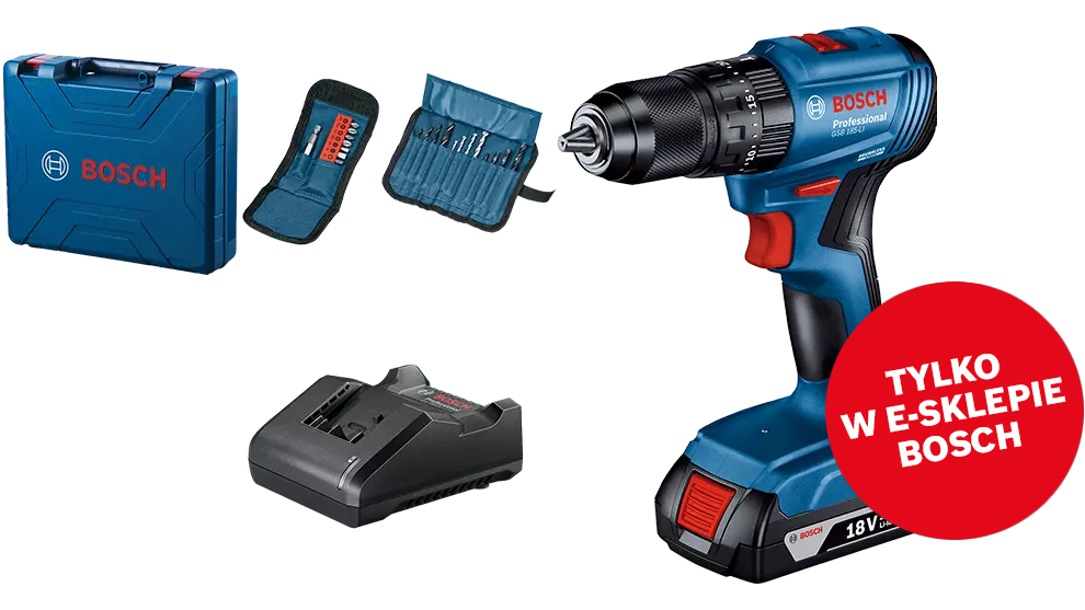 Niebieski wiertarko-wkrętarka Bosch Professional z akcesoriami i ładowarką.