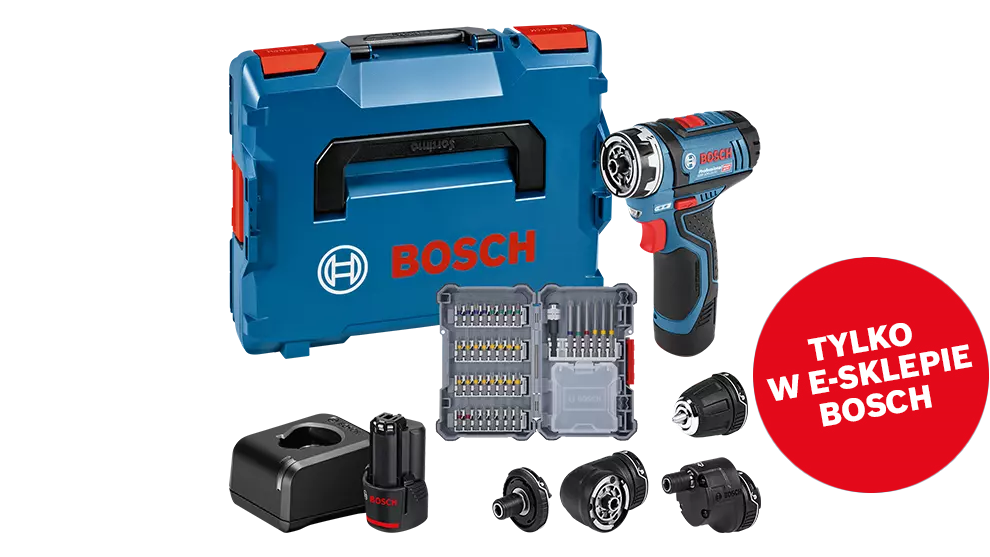 Niebieski wkrętarka Bosch Professional z akcesoriami w walizce.