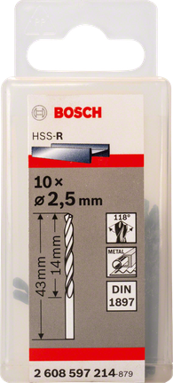 Zestaw wierteł krótkich HSS-R 2,5 mm Bosch zgodnych z normą DIN 1897.