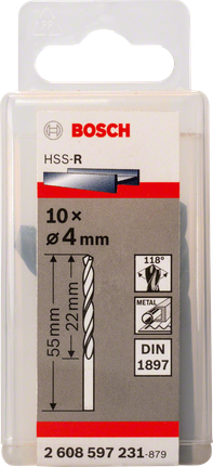 Zestaw wierteł krótkich HSS-R 4 mm Bosch zgodnych z normą DIN 1897.