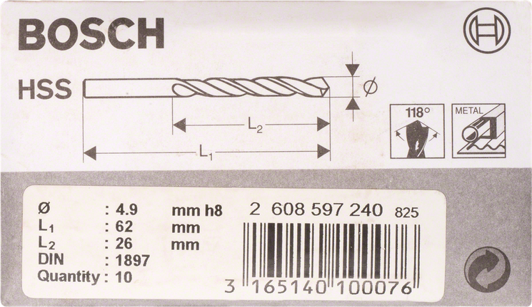 Wiertła krótkie HSS-R Bosch 4,9 mm do metalu.