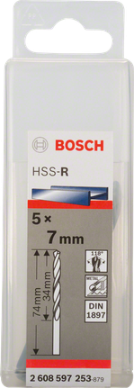Wiertła krótkie HSS-R Bosch do metalu, 7 mm, DIN 1897.