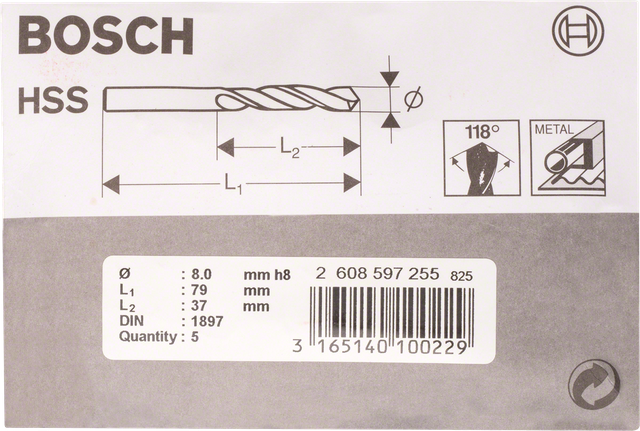 Wiertła krótkie HSS-R Bosch do metalu 8 mm, DIN 1897.