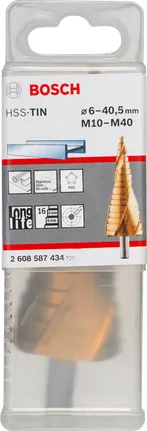 Wiertło stopniowe HSS-TiN Bosch o średnicy 6–40,5 mm.