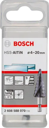 Wiertło stopniowe HSS-AlTiN Bosch o średnicy 4-20 mm do stali nierdzewnej.
