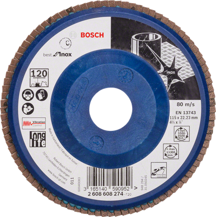 Tarcza listkowa Bosch X581, najlepsza do stali nierdzewnej, 115 mm, ziarnistość 120.